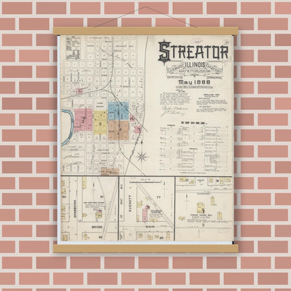 Old map wall art mockup — magnetic wood frame on brick wall — Sanborn Fire Insurance Map from Streator, La Salle County, Illinois (1888) - Complete Map Set