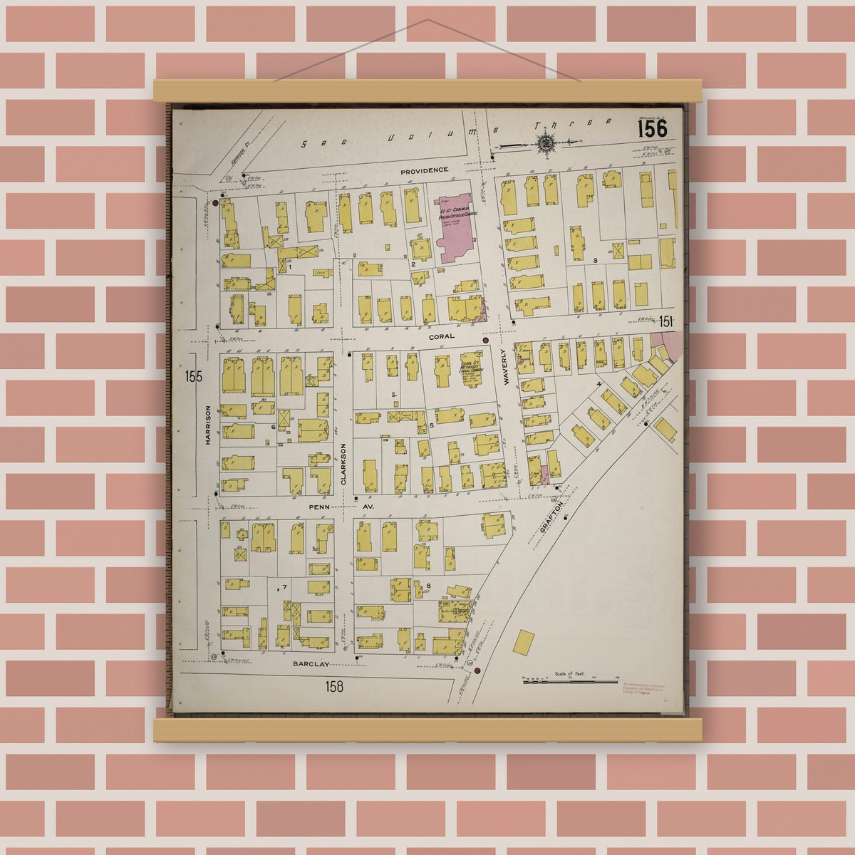 Old map wall art mockup — magnetic wood frame on brick wall — Sanborn Fire Insurance Map from Worcester, Worcester County, Massachusetts (1910), Sheet #0156