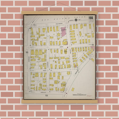 Old map wall art mockup — magnetic wood frame on brick wall — Sanborn Fire Insurance Map from Worcester, Worcester County, Massachusetts (1910), Sheet #0156