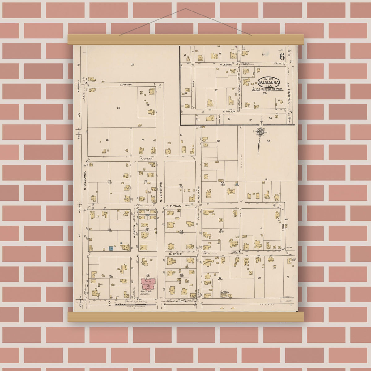 Old map wall art mockup — magnetic wood frame on brick wall — Sanborn Fire Insurance Map from Marianna, Jackson County, Florida (1922), Sheet #0006