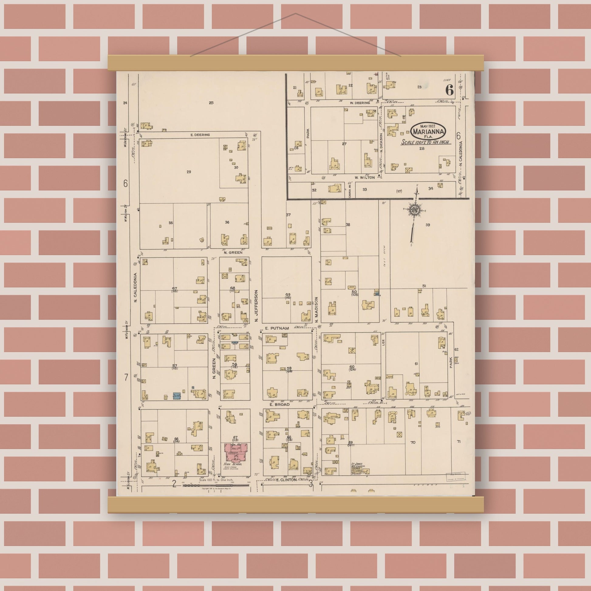 Old map wall art mockup — magnetic wood frame on brick wall — Sanborn Fire Insurance Map from Marianna, Jackson County, Florida (1922), Sheet #0006