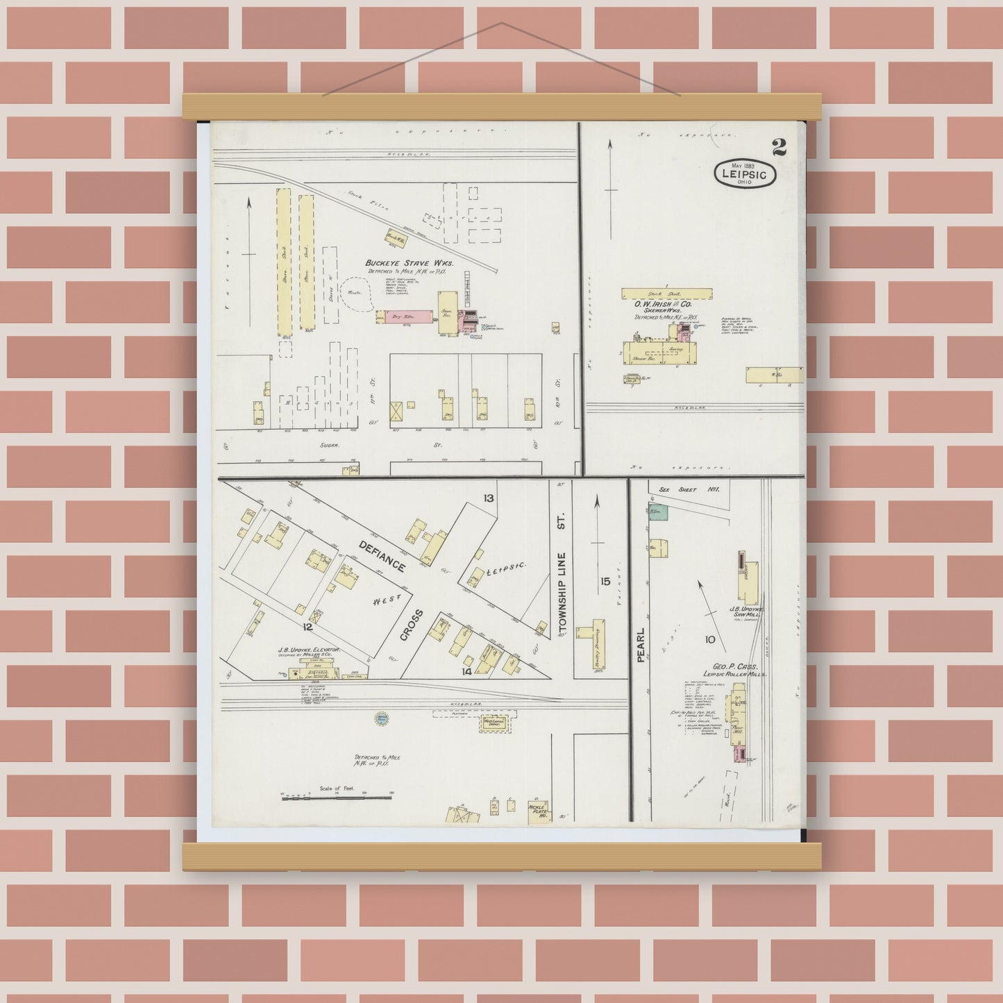 Old map wall art mockup — magnetic wood frame on brick wall — Sanborn Fire Insurance Map from Leipsic, Putnam County, Ohio (1889), Sheet #0002