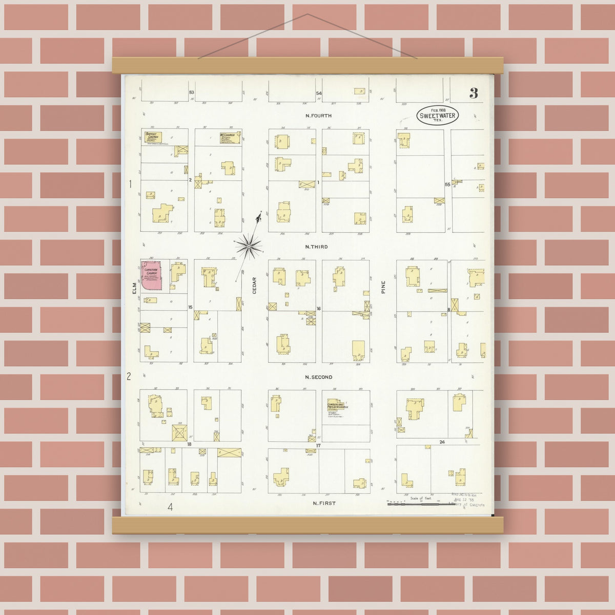 Old map wall art mockup — magnetic wood frame on brick wall — Sanborn Fire Insurance Map from Sweetwater, Nolan County, Texas (1908), Sheet #0003