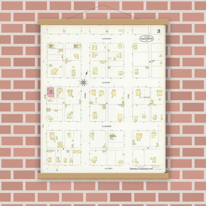 Old map wall art mockup — magnetic wood frame on brick wall — Sanborn Fire Insurance Map from Sweetwater, Nolan County, Texas (1908), Sheet #0003