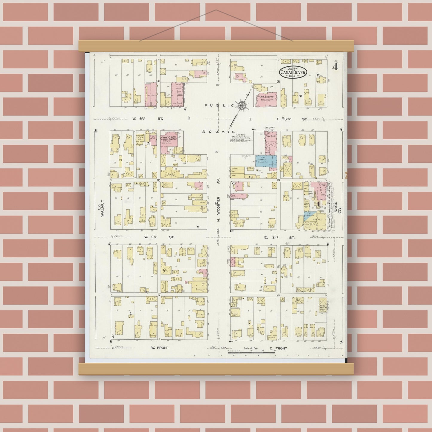 Old map wall art mockup — magnetic wood frame on brick wall — Sanborn Fire Insurance Map from Canal Dover, Tuscarawas County, Ohio (1914), Sheet #0004