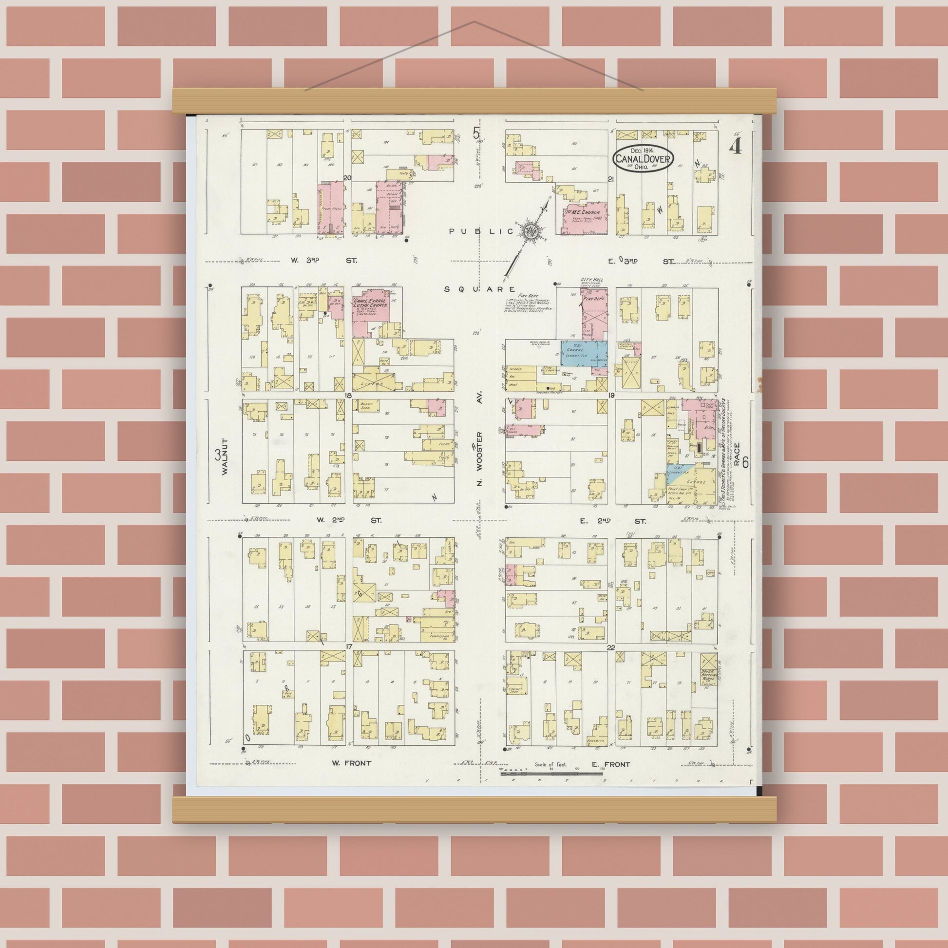 Old map wall art mockup — magnetic wood frame on brick wall — Sanborn Fire Insurance Map from Canal Dover, Tuscarawas County, Ohio (1914), Sheet #0004