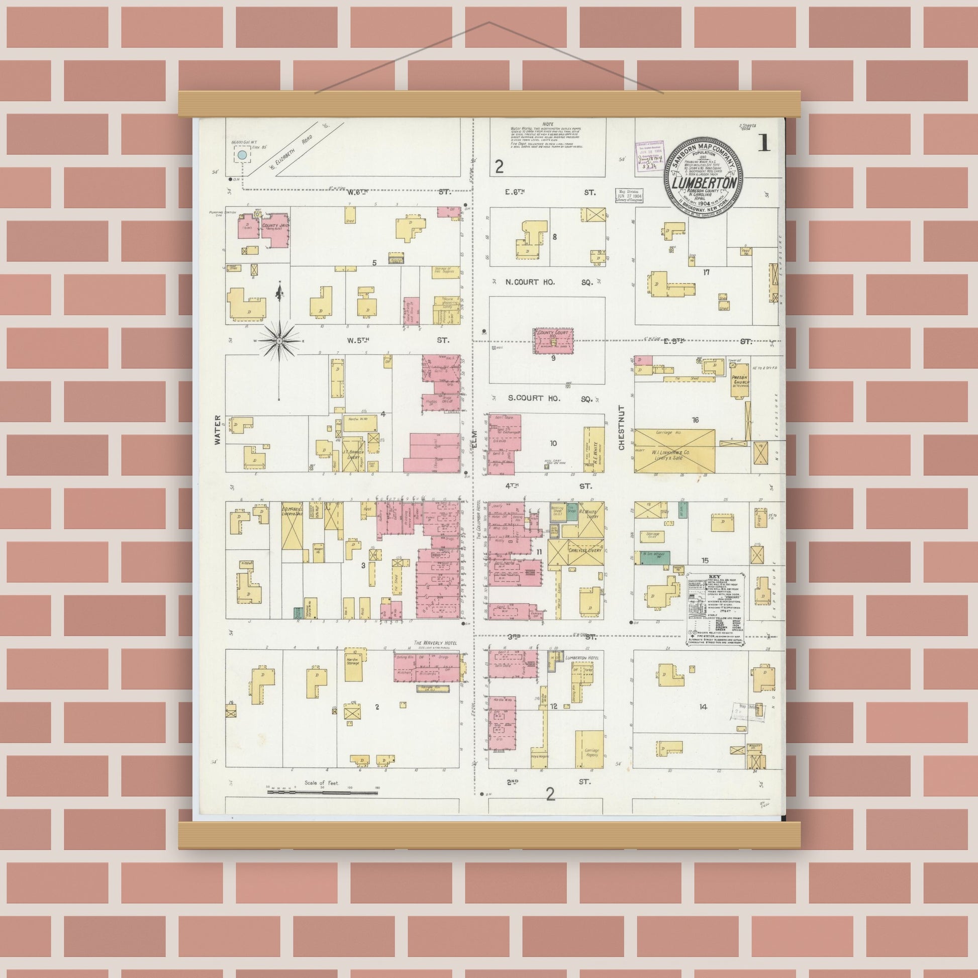 Old map wall art mockup — magnetic wood frame on brick wall — Sanborn Fire Insurance Map from Lumberton, Robeson County, North Carolina (1904) - Complete Map Set
