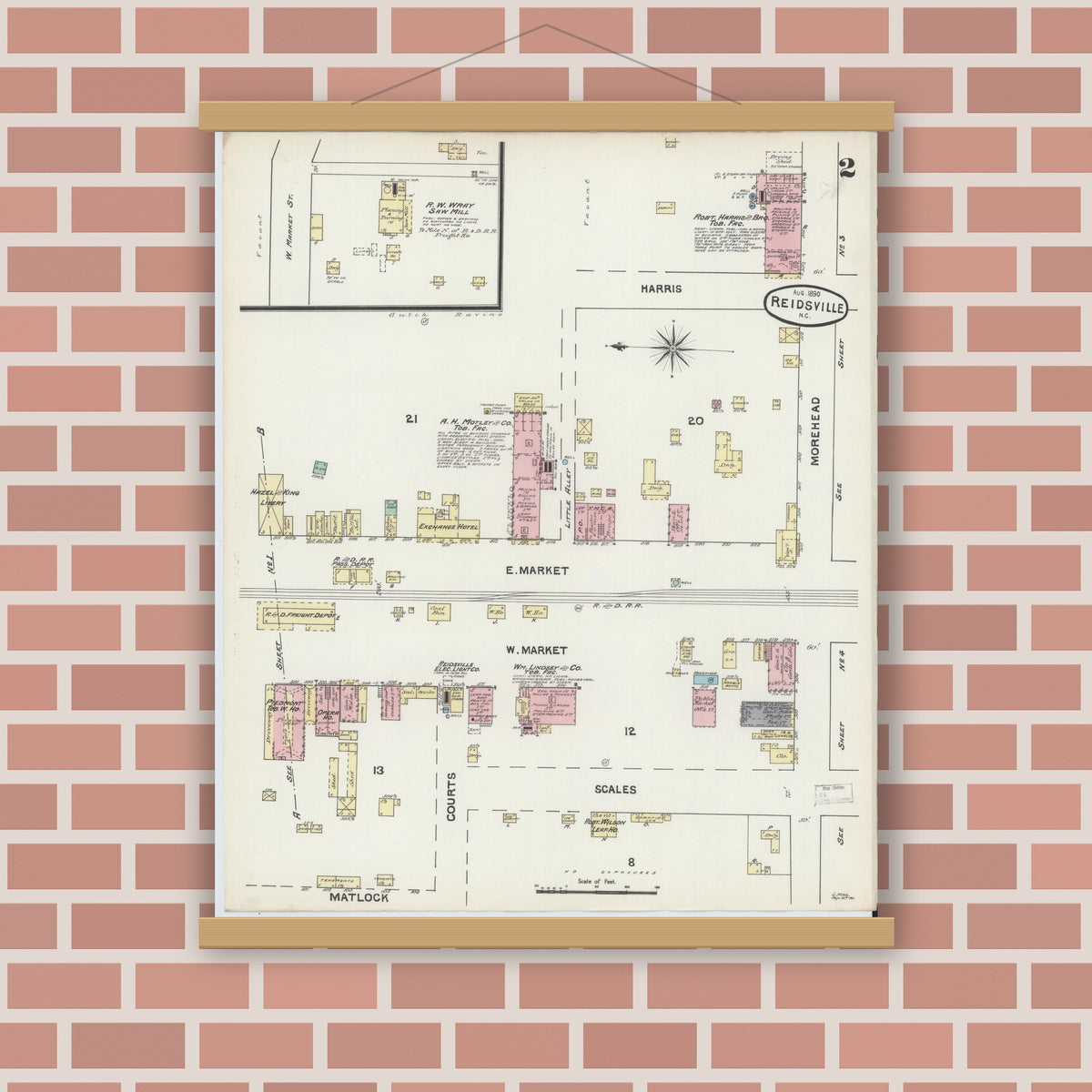 Old map wall art mockup — magnetic wood frame on brick wall — Sanborn Fire Insurance Map from Reidsville, Rockingham County, North Carolina (1890), Sheet #0002