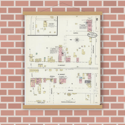 Old map wall art mockup — magnetic wood frame on brick wall — Sanborn Fire Insurance Map from Reidsville, Rockingham County, North Carolina (1890), Sheet #0002