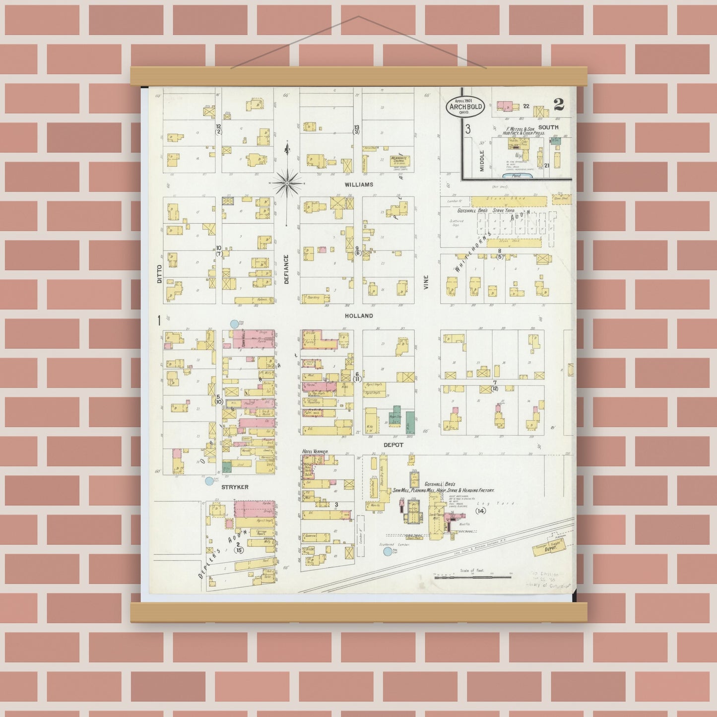 Old map wall art mockup — magnetic wood frame on brick wall — Sanborn Fire Insurance Map from Archbold, Fulton County, Ohio (1901), Sheet #0002