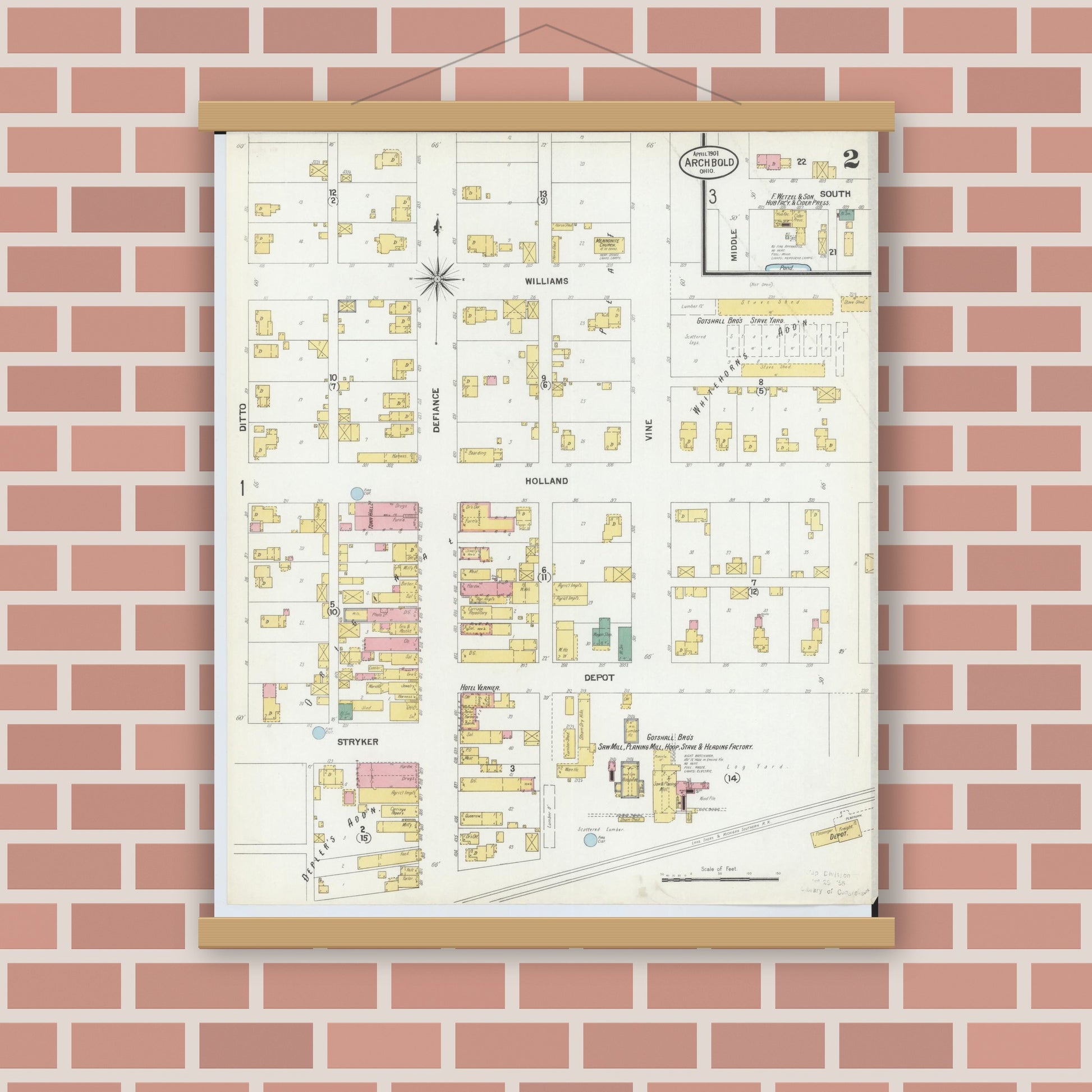 Old map wall art mockup — magnetic wood frame on brick wall — Sanborn Fire Insurance Map from Archbold, Fulton County, Ohio (1901), Sheet #0002