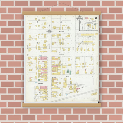 Old map wall art mockup — magnetic wood frame on brick wall — Sanborn Fire Insurance Map from Archbold, Fulton County, Ohio (1901), Sheet #0002