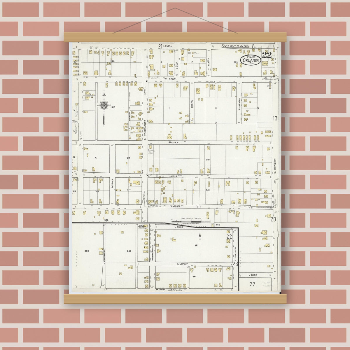 Old map wall art mockup — magnetic wood frame on brick wall — Sanborn Fire Insurance Map from Orlando, Orange County, Florida (1919), Sheet #0022