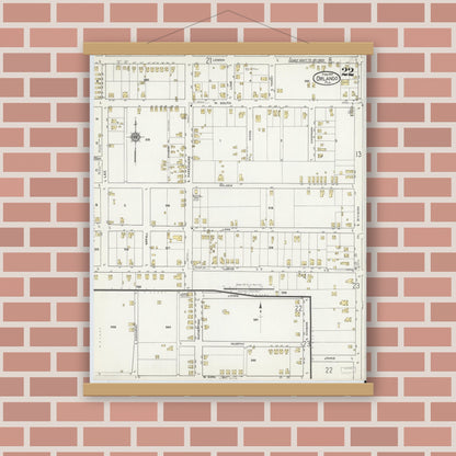 Old map wall art mockup — magnetic wood frame on brick wall — Sanborn Fire Insurance Map from Orlando, Orange County, Florida (1919), Sheet #0022