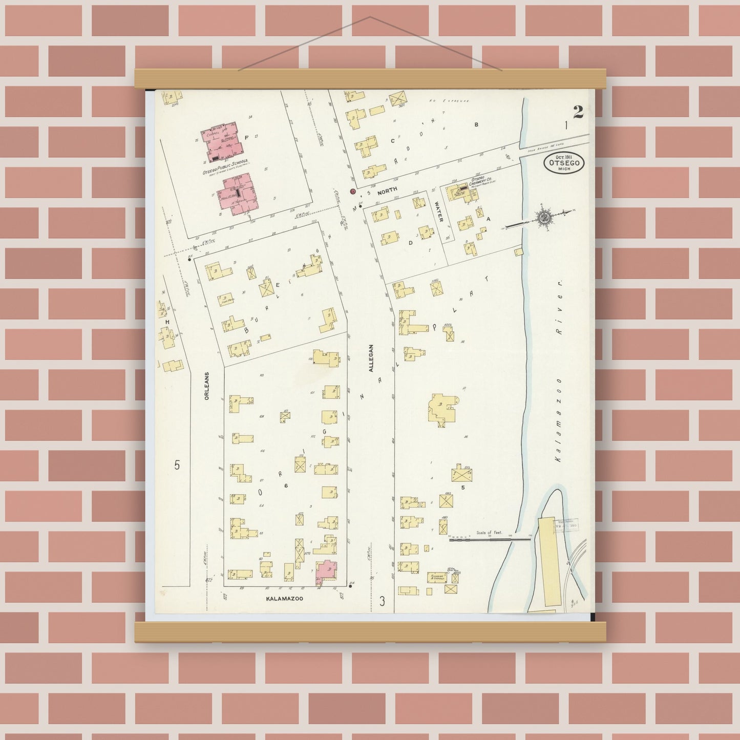 Old map wall art mockup — magnetic wood frame on brick wall — Sanborn Fire Insurance Map from Otsego, Allegan County, Michigan (1911), Sheet #0002