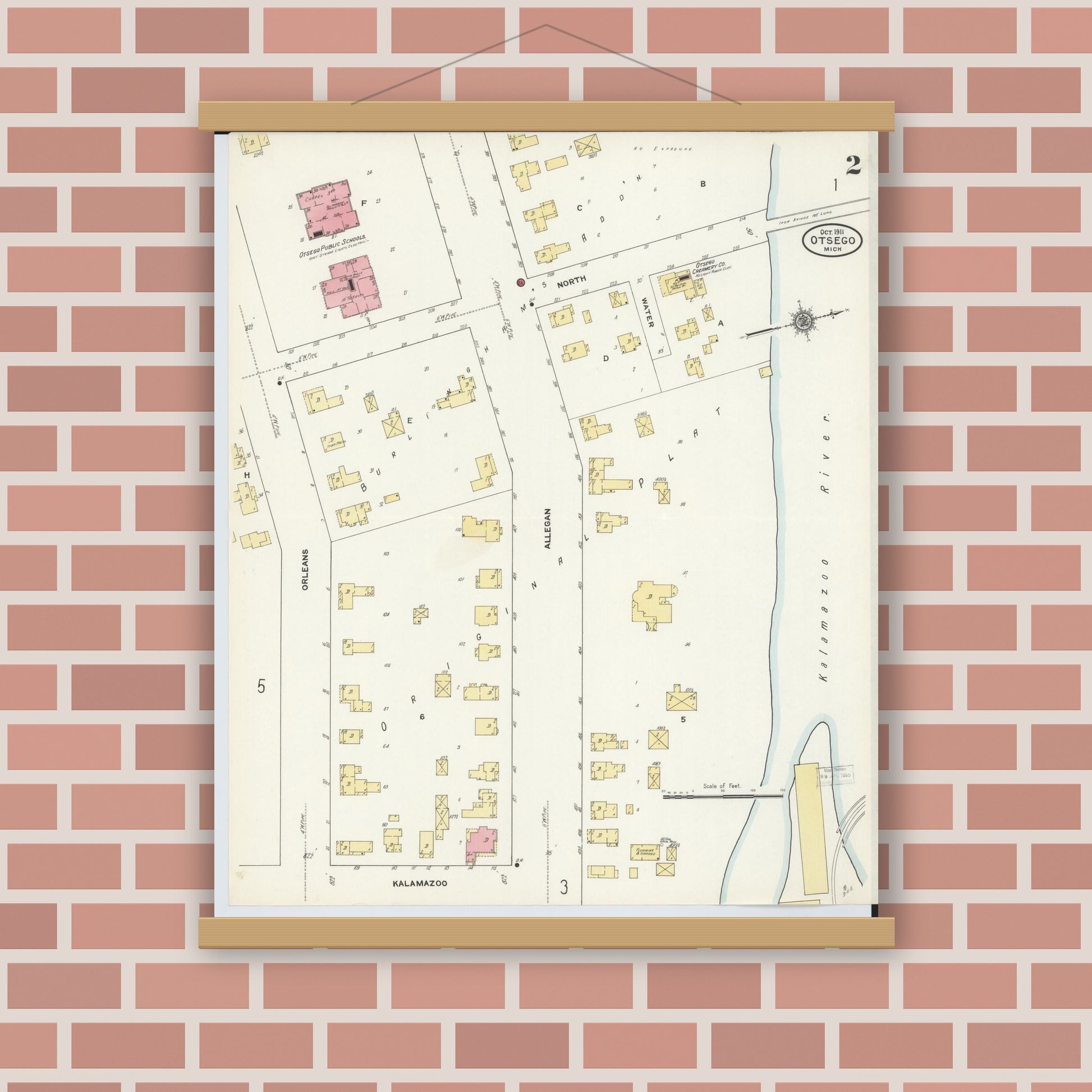 Old map wall art mockup — magnetic wood frame on brick wall — Sanborn Fire Insurance Map from Otsego, Allegan County, Michigan (1911), Sheet #0002