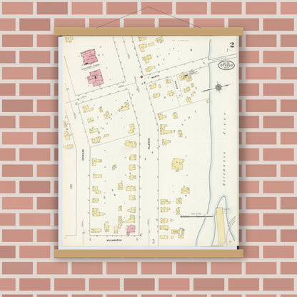 Old map wall art mockup — magnetic wood frame on brick wall — Sanborn Fire Insurance Map from Otsego, Allegan County, Michigan (1911), Sheet #0002