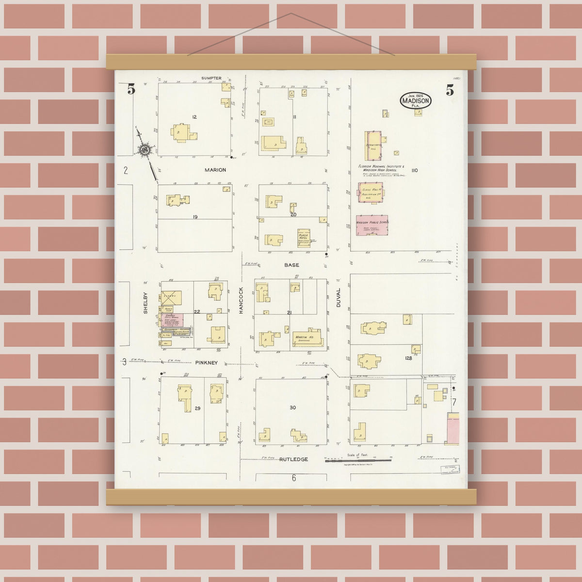 Old map wall art mockup — magnetic wood frame on brick wall — Sanborn Fire Insurance Map from Madison, Madison County, Florida (1924), Sheet #0005