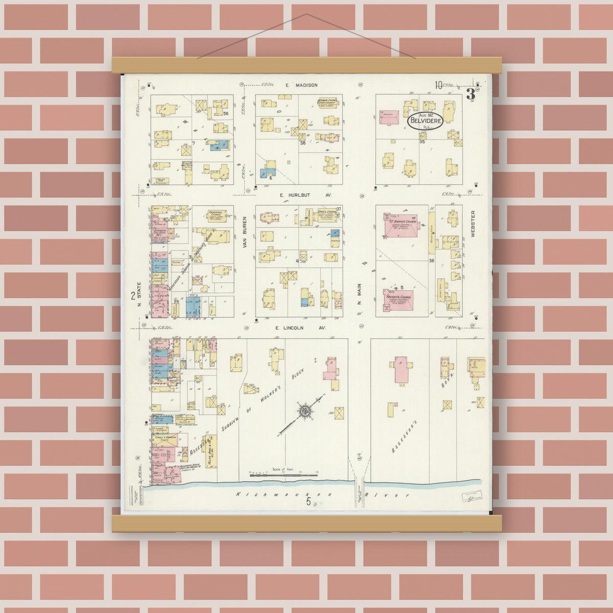 Old map wall art mockup — magnetic wood frame on brick wall — Sanborn Fire Insurance Map from Belvidere, Boone County, Illinois (1912), Sheet #0003