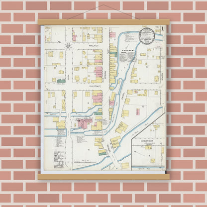 Old map wall art mockup — magnetic wood frame on brick wall — Sanborn Fire Insurance Map from Saint Marys, Auglaize County, Ohio (1892), Sheet #0001