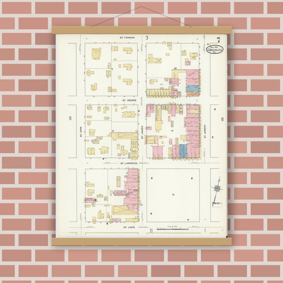 Old map wall art mockup — magnetic wood frame on brick wall — Sanborn Fire Insurance Map from Gonzales, Gonzales County, Texas (1912), Sheet #0007