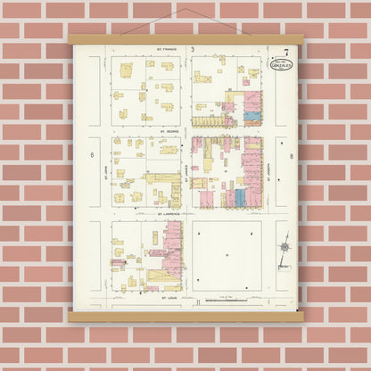 Old map wall art mockup — magnetic wood frame on brick wall — Sanborn Fire Insurance Map from Gonzales, Gonzales County, Texas (1912), Sheet #0007