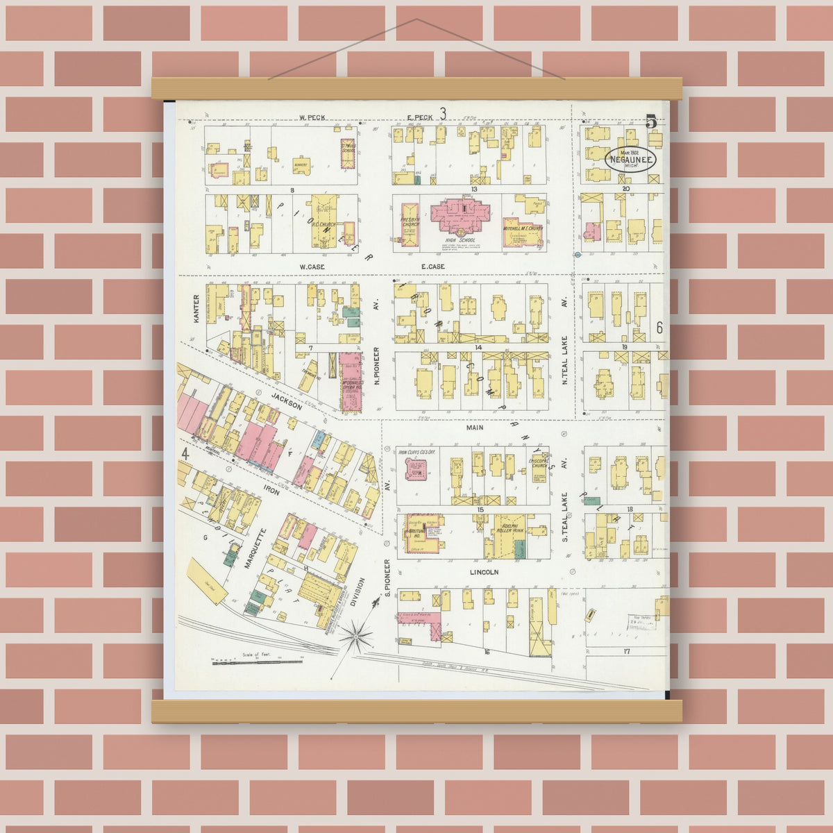 Old map wall art mockup — magnetic wood frame on brick wall — Sanborn Fire Insurance Map from Negaunee, Marquette County, Michigan (1902), Sheet #0005