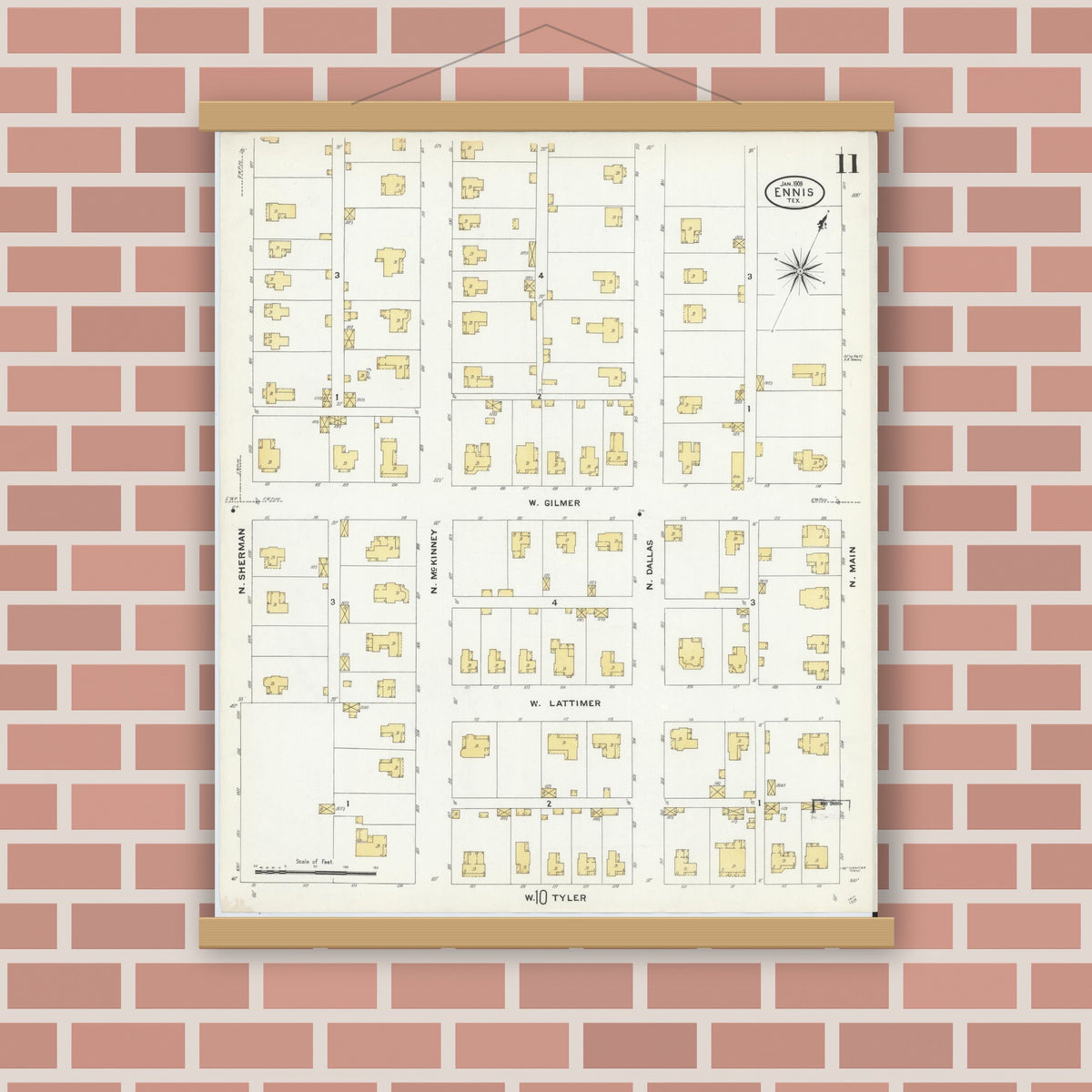Old map wall art mockup — magnetic wood frame on brick wall — Sanborn Fire Insurance Map from Ennis, Ellis County, Texas (1909), Sheet #0011