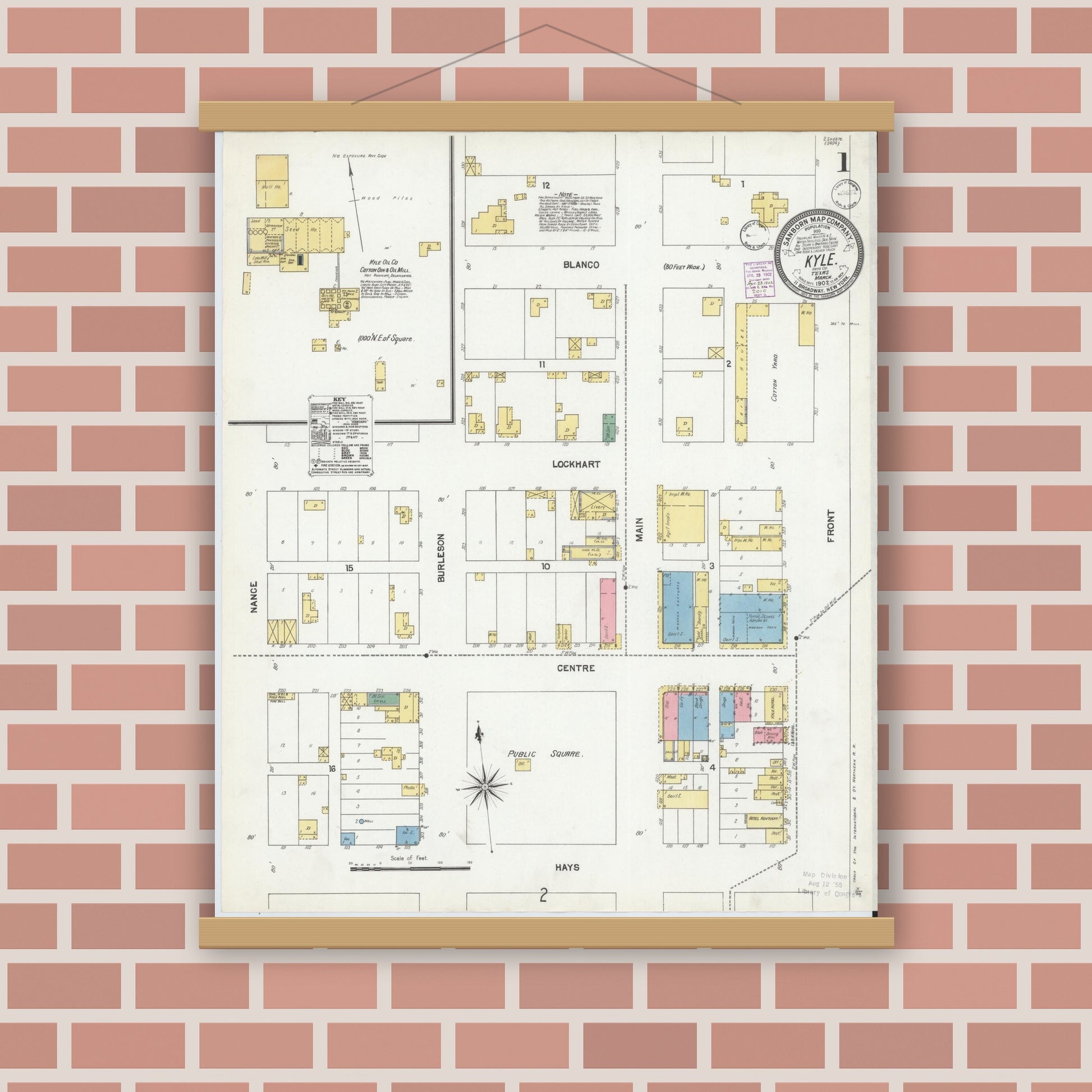 Old map wall art mockup — magnetic wood frame on brick wall — Sanborn Fire Insurance Map from Kyle, Hays County, Texas (1902), Sheet #0001