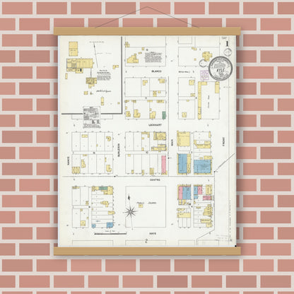 Old map wall art mockup — magnetic wood frame on brick wall — Sanborn Fire Insurance Map from Kyle, Hays County, Texas (1902), Sheet #0001