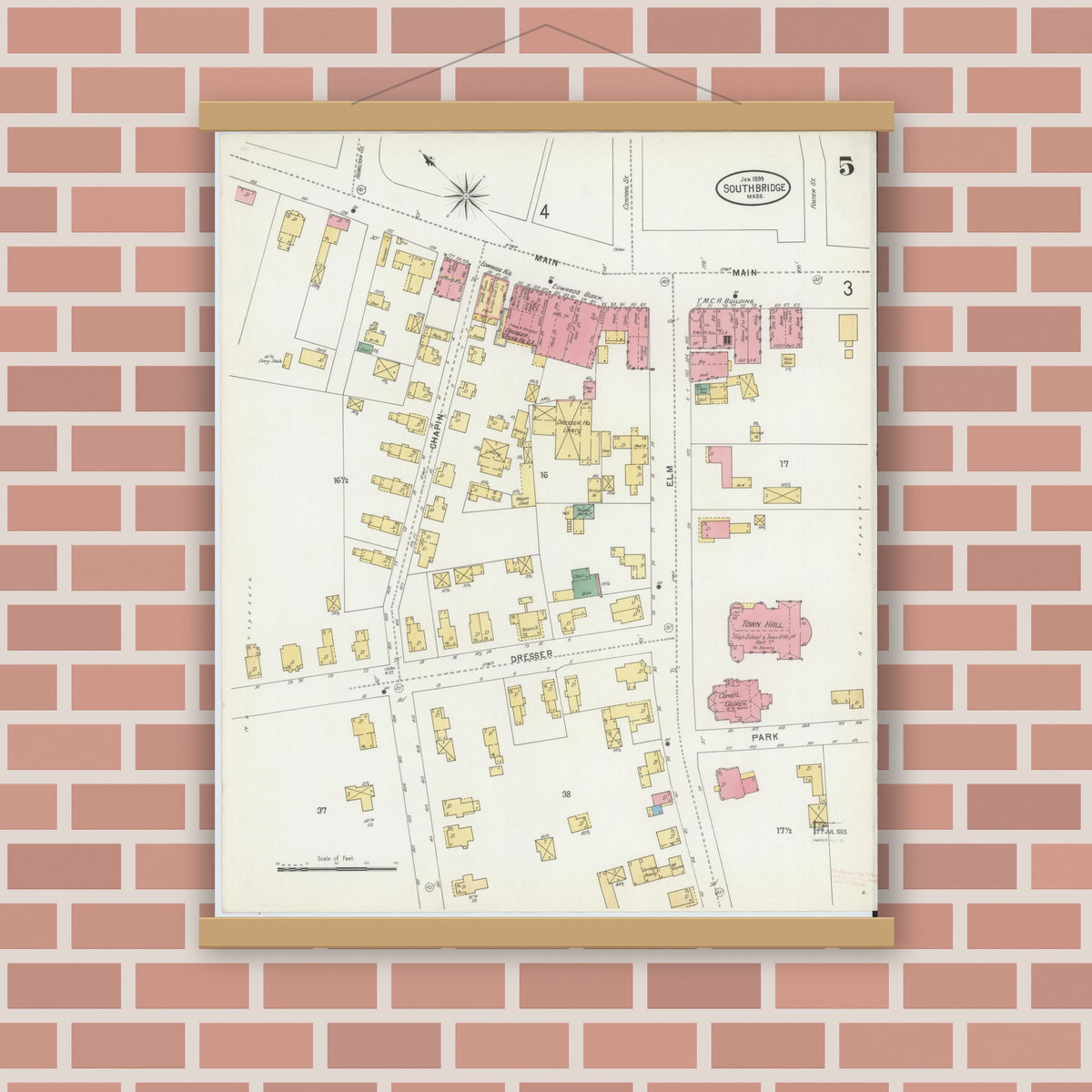 Old map wall art mockup — magnetic wood frame on brick wall — Sanborn Fire Insurance Map from Southbridge, Worcester County, Massachusetts (1899), Sheet #0005