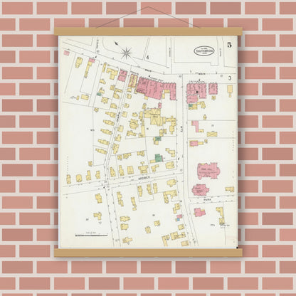 Old map wall art mockup — magnetic wood frame on brick wall — Sanborn Fire Insurance Map from Southbridge, Worcester County, Massachusetts (1899), Sheet #0005