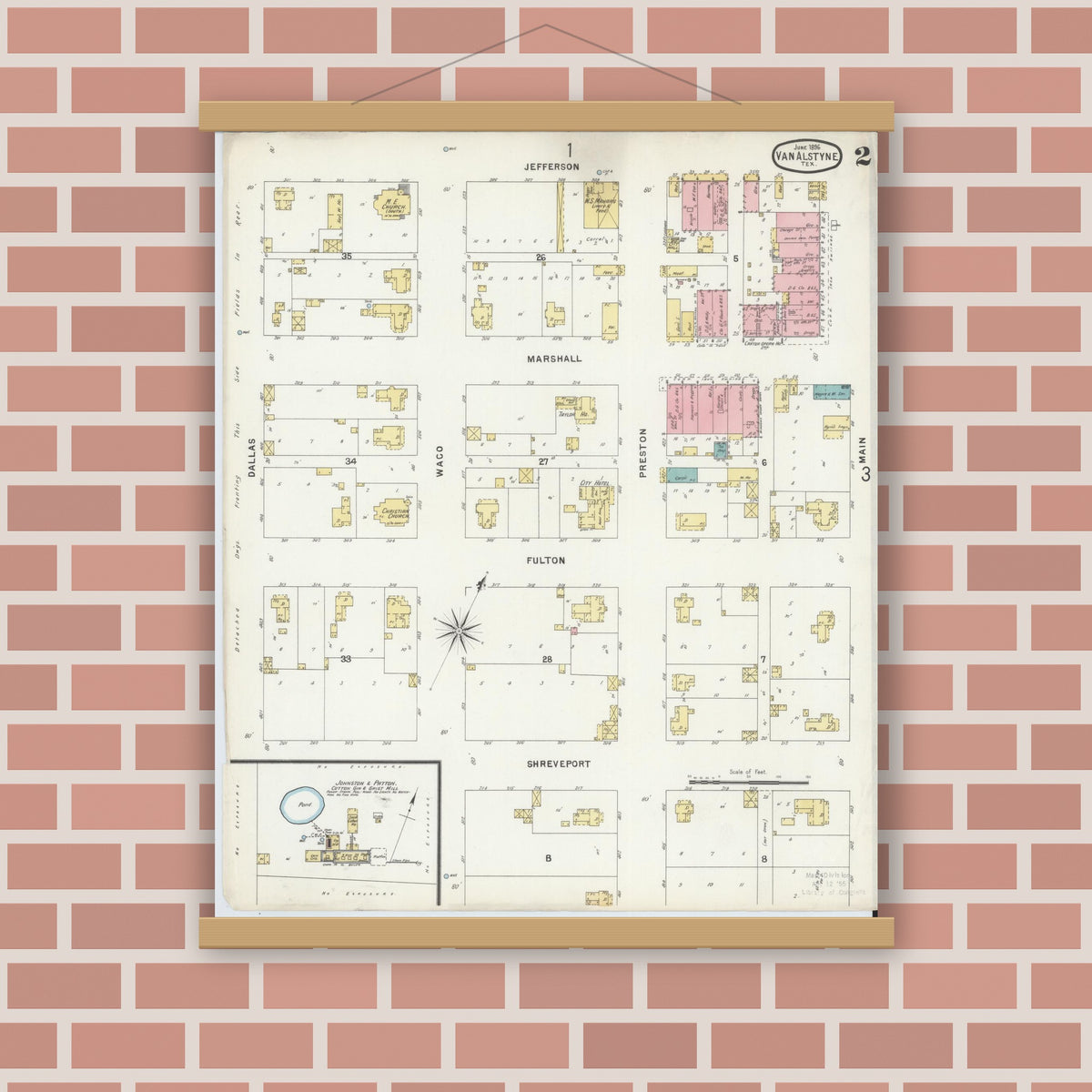 Old map wall art mockup — magnetic wood frame on brick wall — Sanborn Fire Insurance Map from Van Alstyne, Grayson County, Texas (1896), Sheet #0002