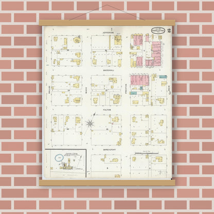 Old map wall art mockup — magnetic wood frame on brick wall — Sanborn Fire Insurance Map from Van Alstyne, Grayson County, Texas (1896), Sheet #0002