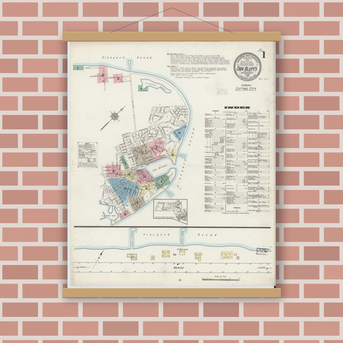 Old map wall art mockup — magnetic wood frame on brick wall — Sanborn Fire Insurance Map from Oak Bluffs, Dukes County, Massachusetts (1914) - Complete Map Set