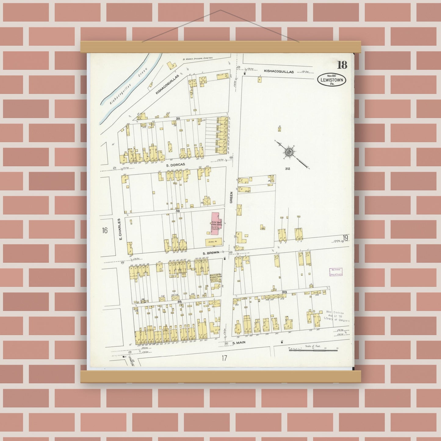 Old map wall art mockup — magnetic wood frame on brick wall — Sanborn Fire Insurance Map from Lewistown, Mifflin County, Pennsylvania (1910), Sheet #0018