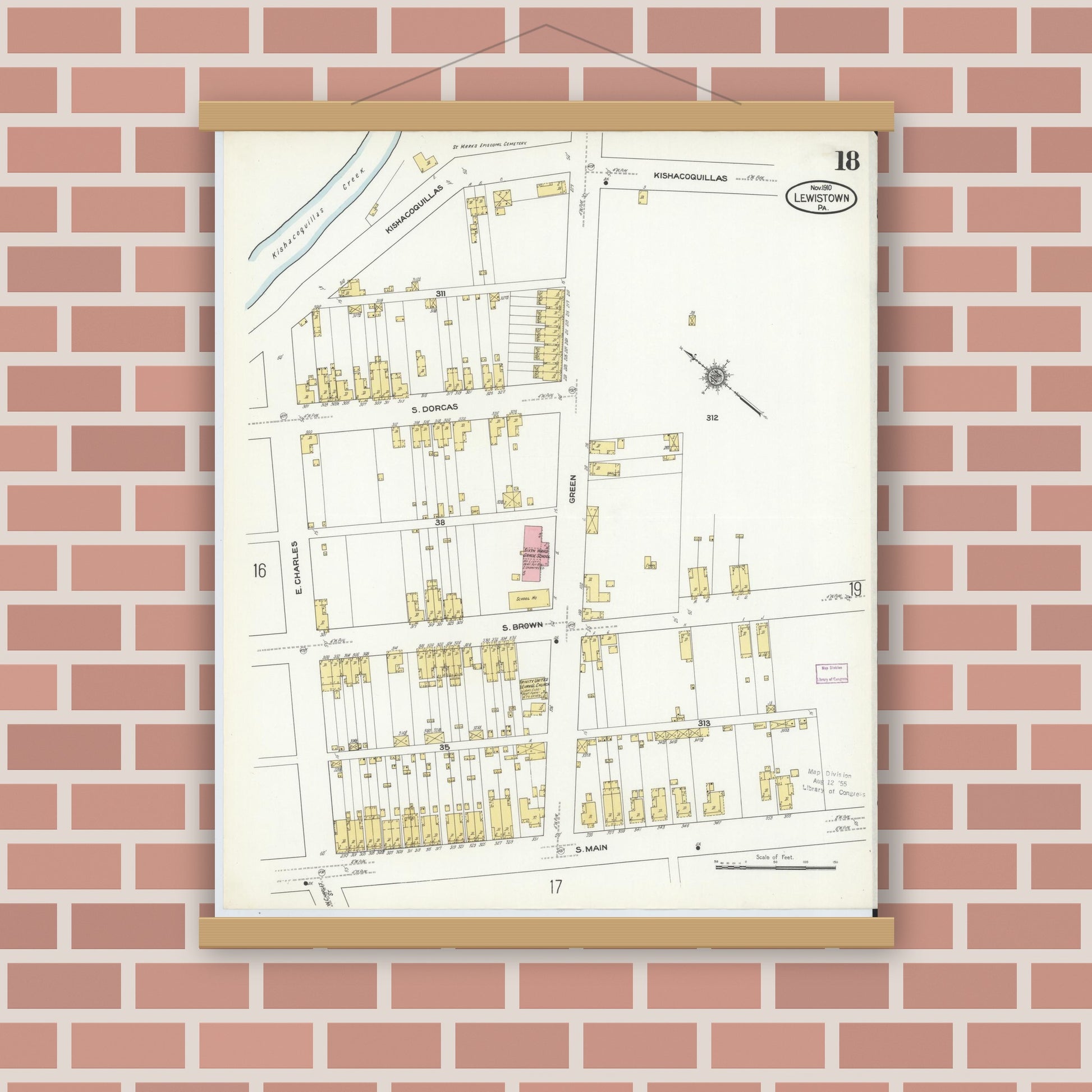 Old map wall art mockup — magnetic wood frame on brick wall — Sanborn Fire Insurance Map from Lewistown, Mifflin County, Pennsylvania (1910), Sheet #0018
