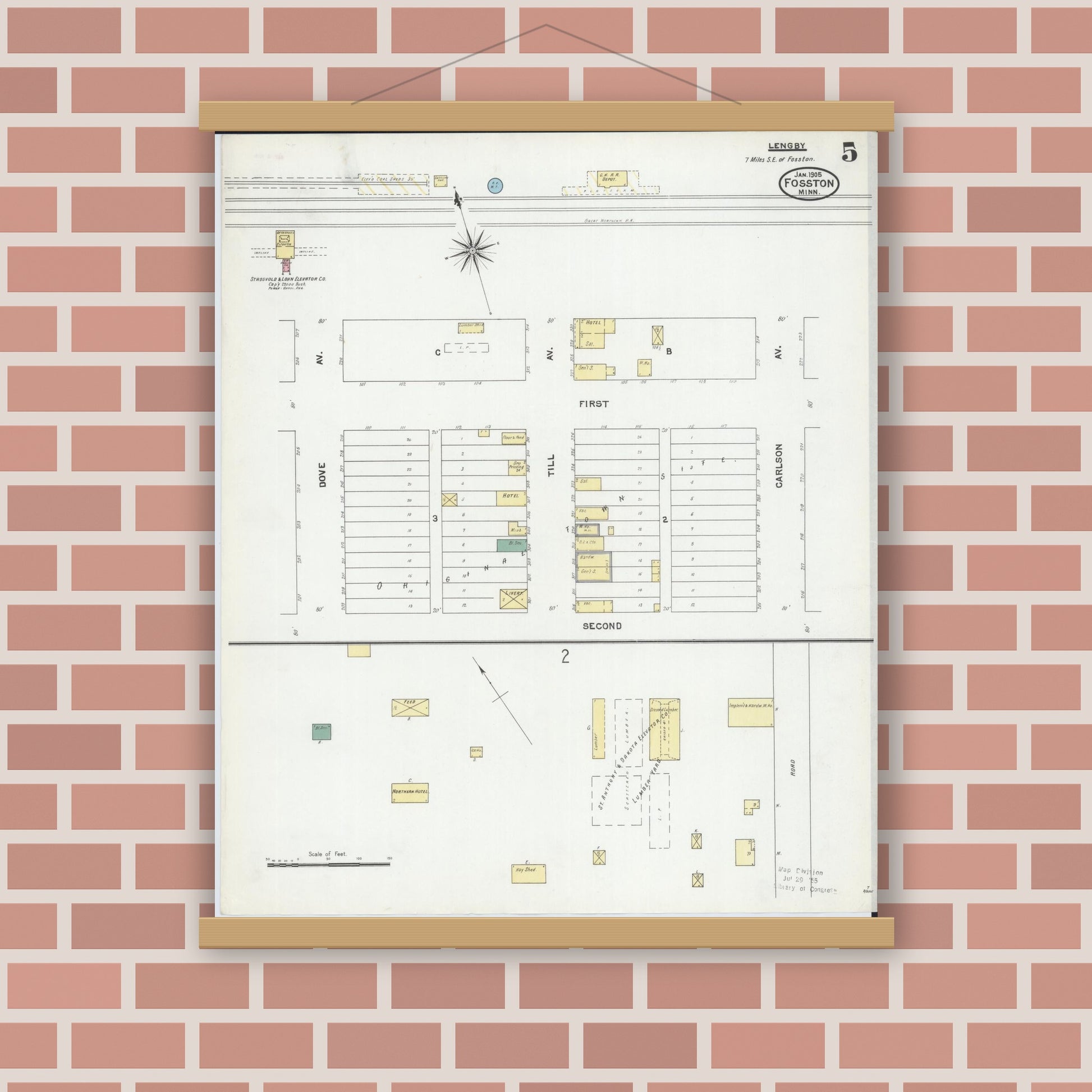 Old map wall art mockup — magnetic wood frame on brick wall — Sanborn Fire Insurance Map from Fosston, Polk County, Minnesota (1905), Sheet #0005