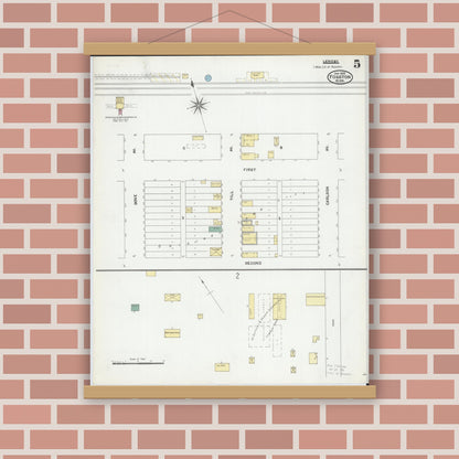 Old map wall art mockup — magnetic wood frame on brick wall — Sanborn Fire Insurance Map from Fosston, Polk County, Minnesota (1905), Sheet #0005