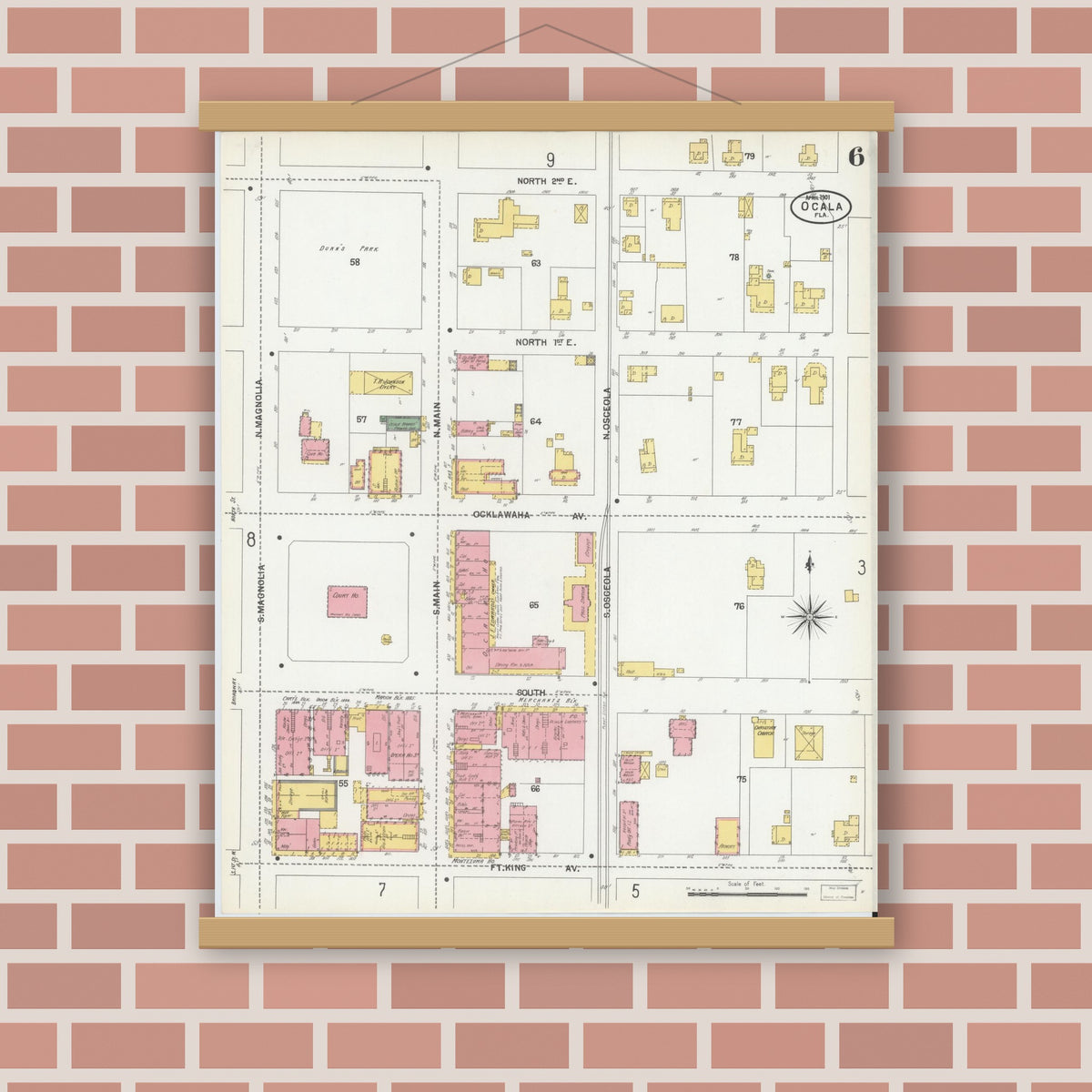 Old map wall art mockup — magnetic wood frame on brick wall — Sanborn Fire Insurance Map from Ocala, Marion County, Florida (1901), Sheet #0006