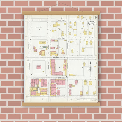 Old map wall art mockup — magnetic wood frame on brick wall — Sanborn Fire Insurance Map from Ocala, Marion County, Florida (1901), Sheet #0006