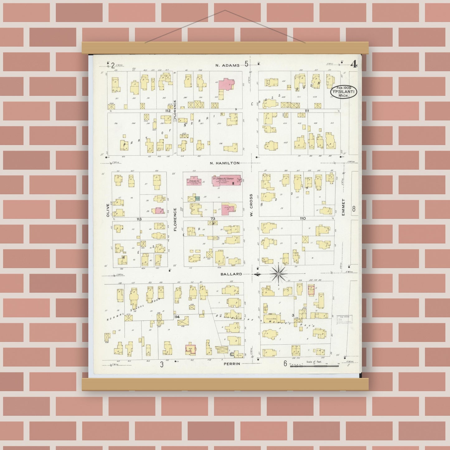 Old map wall art mockup — magnetic wood frame on brick wall — Sanborn Fire Insurance Map from Ypsilanti, Washtenaw County, Michigan (1909), Sheet #0004