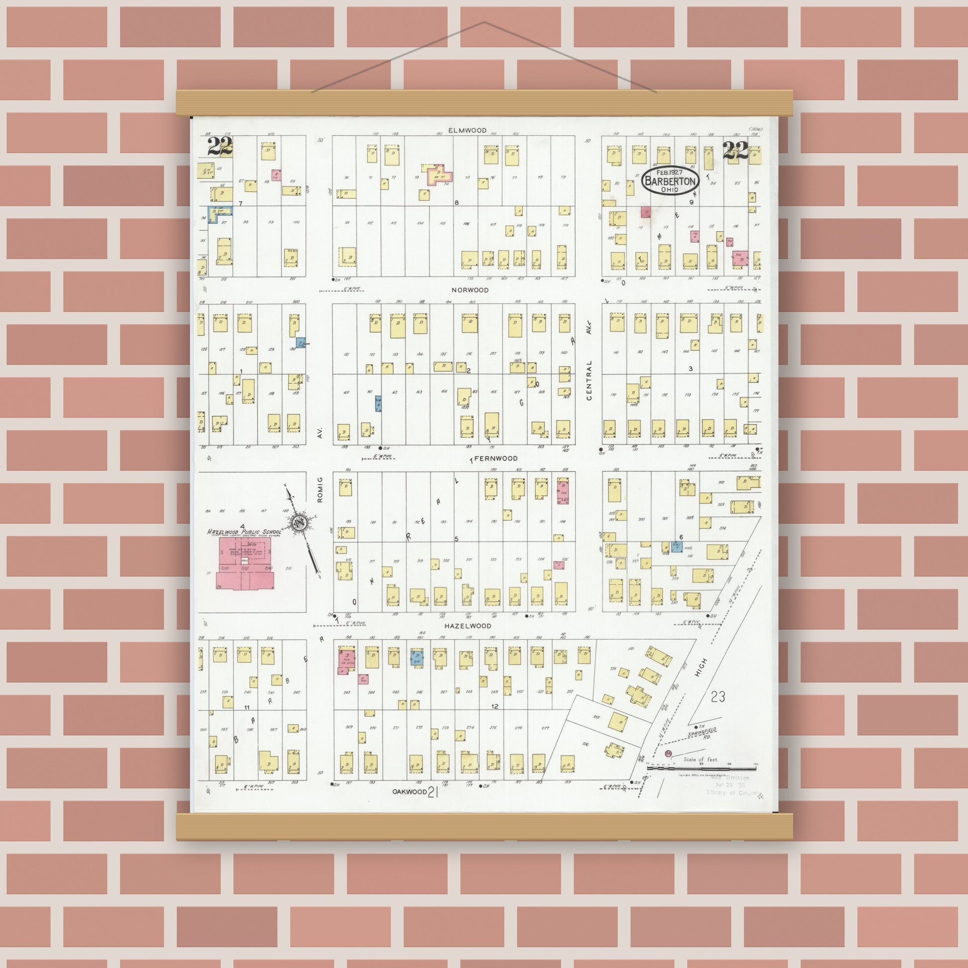 Old map wall art mockup — magnetic wood frame on brick wall — Sanborn Fire Insurance Map from Barberton, Summit County, Ohio (1927), Sheet #0022