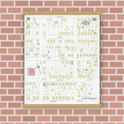 Old map wall art mockup — magnetic wood frame on brick wall — Sanborn Fire Insurance Map from Barberton, Summit County, Ohio (1927), Sheet #0022