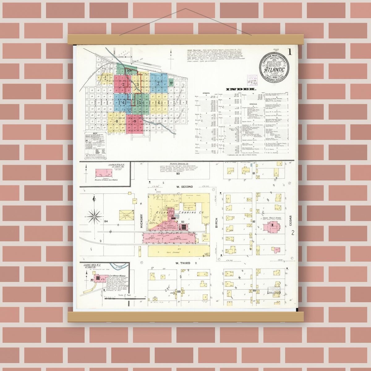 Old map wall art mockup — magnetic wood frame on brick wall — Sanborn Fire Insurance Map from Atlantic, Cass County, Iowa (1908) â€” Complete Set