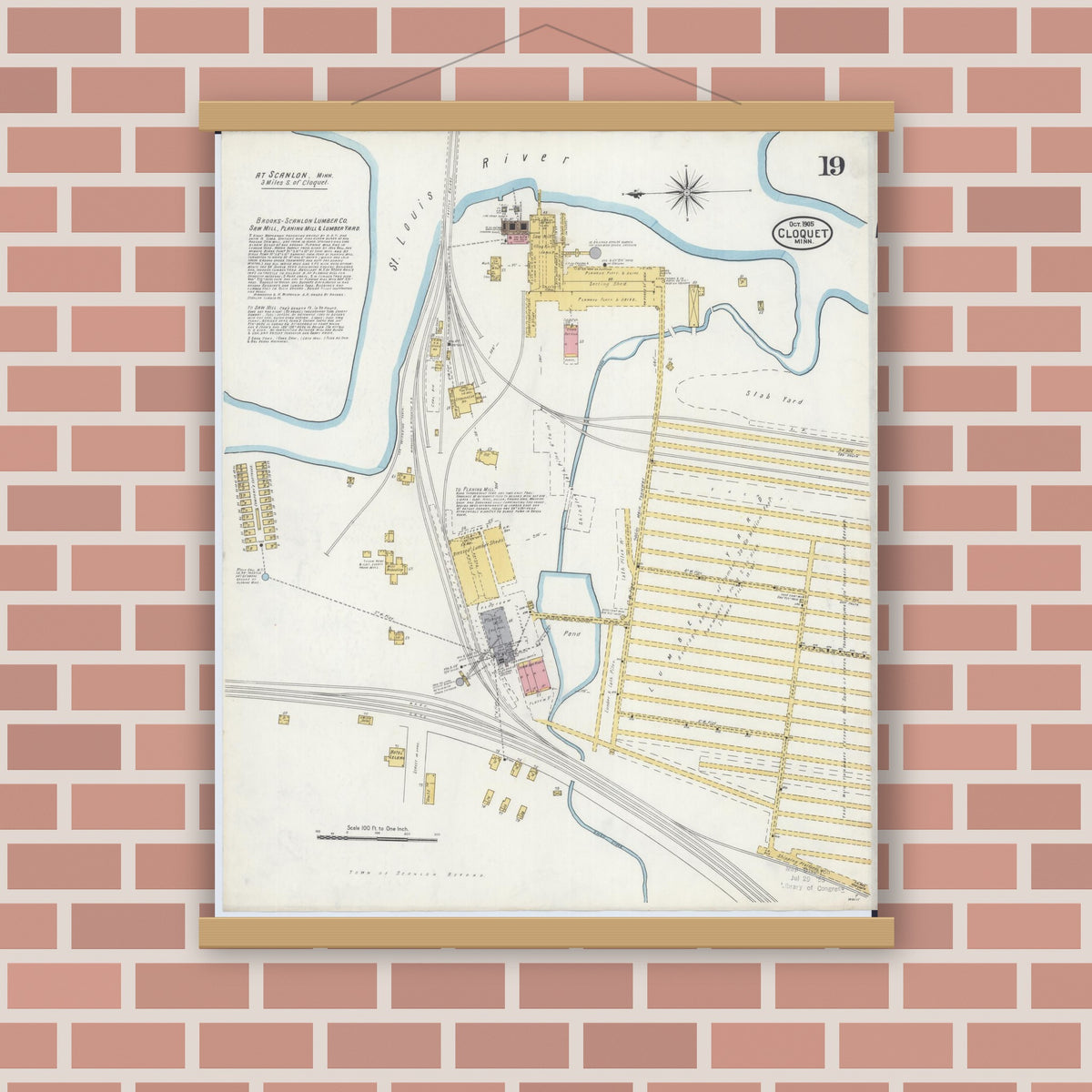 Old map wall art mockup — magnetic wood frame on brick wall — Sanborn Fire Insurance Map from Cloquet, Carlton County, Minnesota (1905), Sheet #0019
