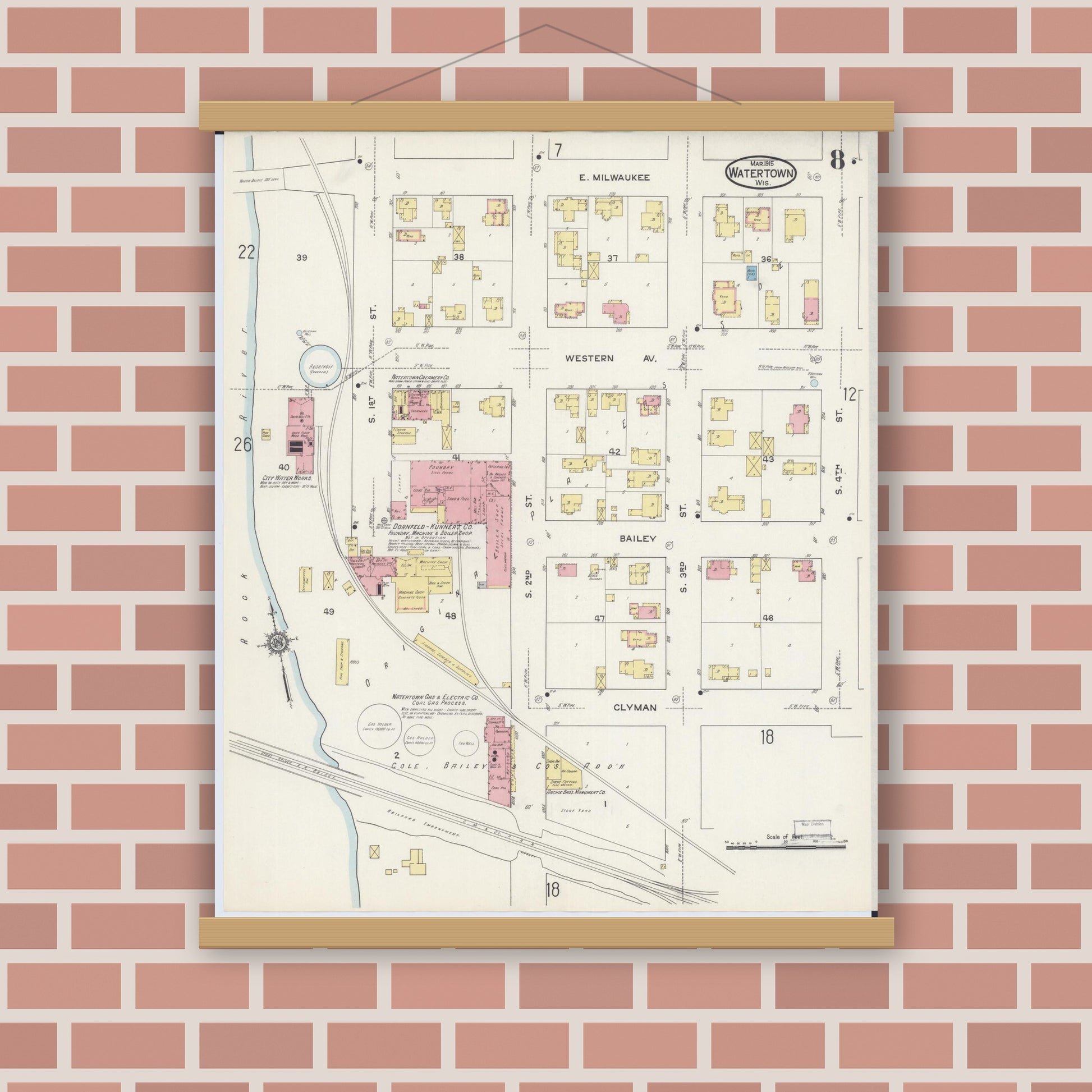 Old map wall art mockup — magnetic wood frame on brick wall — Sanborn Fire Insurance Map from Watertown, Jefferson County, Wisconsin (1915), Sheet #0009