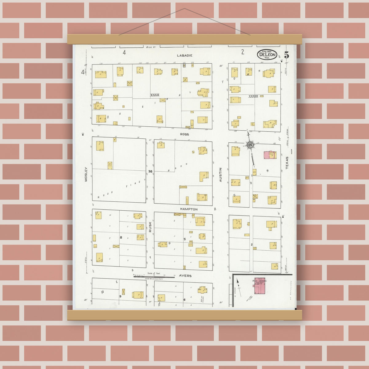 Old map wall art mockup — magnetic wood frame on brick wall — Sanborn Fire Insurance Map from De Leon, Comanche County, Texas (1920), Sheet #0005