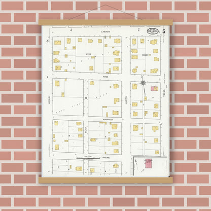 Old map wall art mockup — magnetic wood frame on brick wall — Sanborn Fire Insurance Map from De Leon, Comanche County, Texas (1920), Sheet #0005