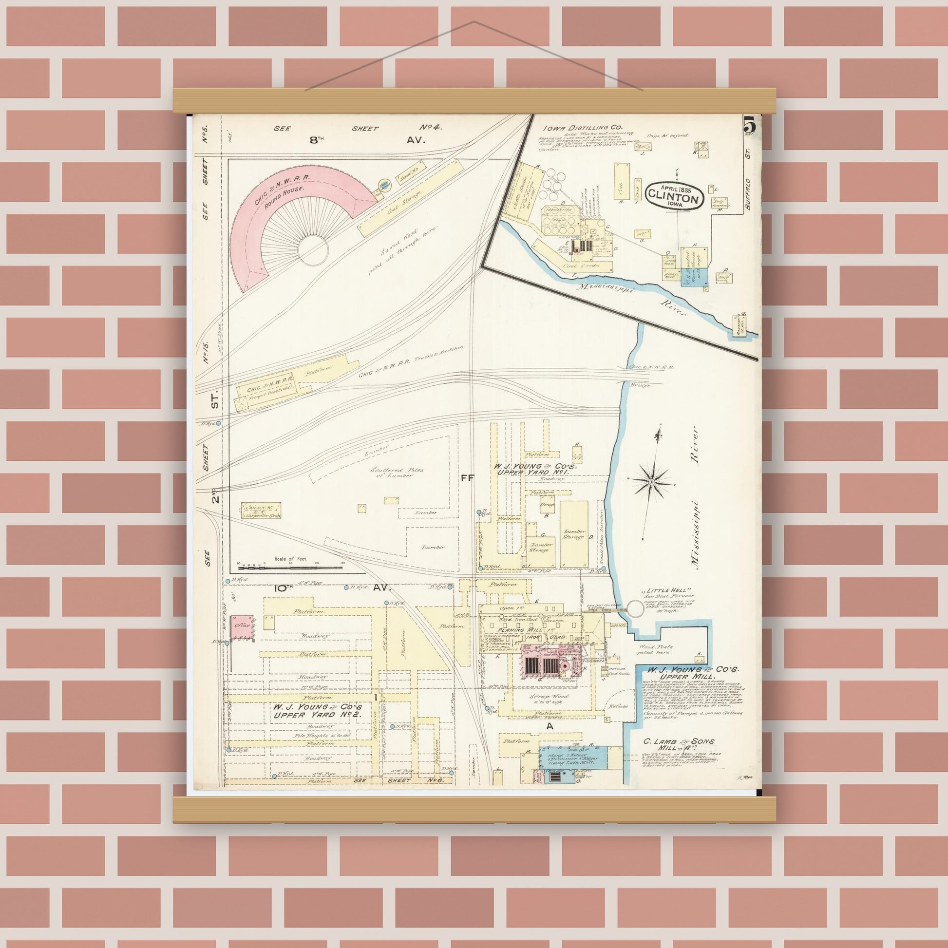 Old map wall art mockup — magnetic wood frame on brick wall — Sanborn Fire Insurance Map from Clinton, Clinton County, Iowa (1885), Sheet #0005
